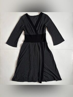 Charcoal Gray Long-Sleeve Wrap Dress with Black Waist Panel Vintage